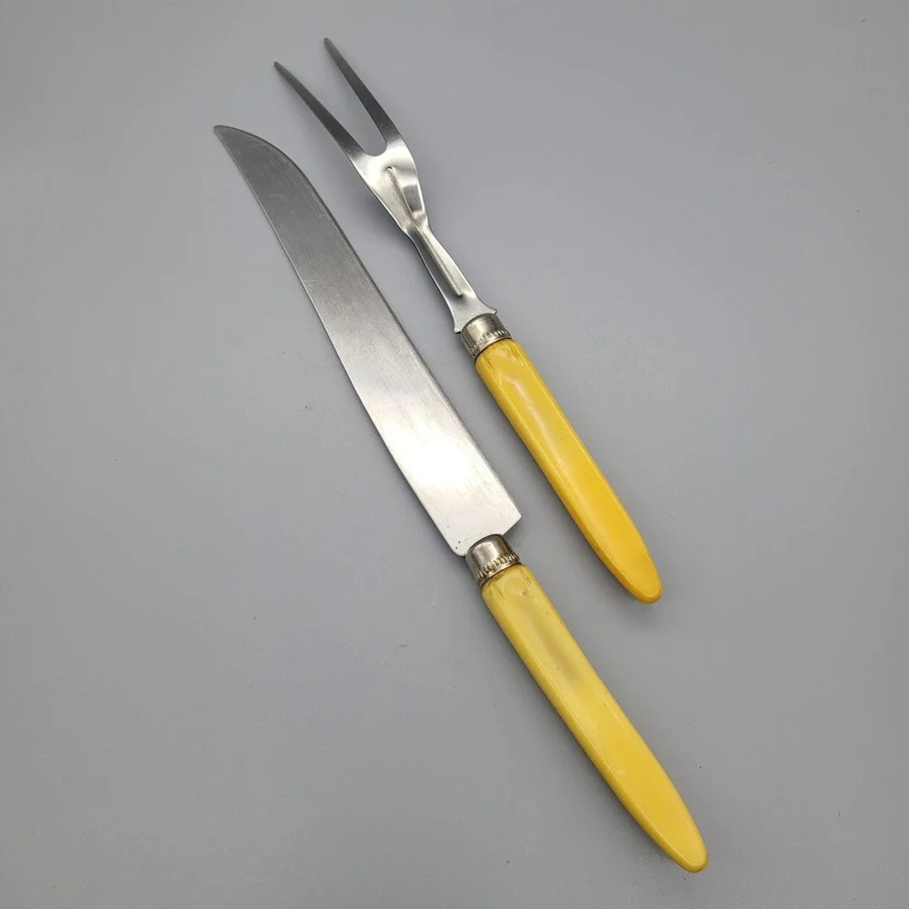 Vintage Stainless Steel‎ Carving Set 2pc Knife and Fork Yellow Fluted Handles